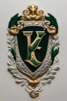 slytherin, crest, majestic, luxury, wealthy, embroidery, letter "V" and "K", gold, silver