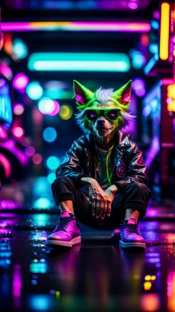 camera angle from feet, portrait of slick lord water wolf Gremlin myth buster pimp ninja cyber punk sitting on a hipster car parked in dark neon lit reflective wet arcade hall tunnel,bokeh like f/0.8, tilt-shift lens 8k, high detail, smooth render, down-light, unreal engine, prize winning