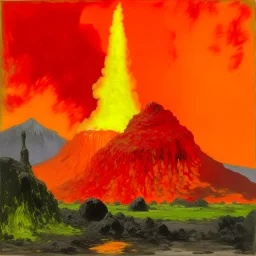 An orange volcano with pillars painted by Claude Monet