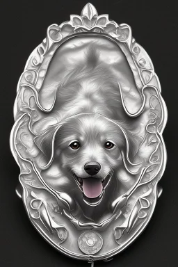 Silver Brooch in the shape of a dog Deberman white backgroundContains a gem