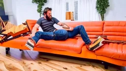 man chainsaws brand new couch in living room