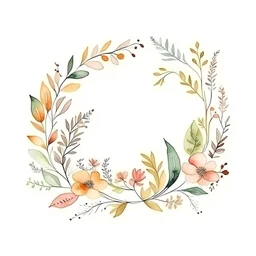 Minimal watercolor flower wreath with botanical details inwhite background. The wreath has small ink details and watercolor splashes.