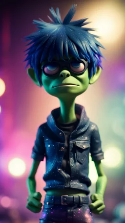 Murdoc from Gorillaz looking flying through space glittering dust with arms folded on stage,bokeh like f/0.8, tilt-shift lens 8k, high detail, smooth render, down-light, unreal engine, prize winning