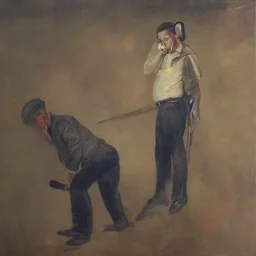 Painting of an Man who is killing himself with a shotgun