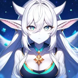 cosmic mage, elf, female, battle mage, epic, cosmic magic, long ears, white hair, face details, pale skin, jewellery, broad shoulders, sharp ears, cosmic clothes, cosmic eyes, ears shown, light out of eyes, the cosmos in eyes, stars in eyes, shining eyes, non human face, thin face, animation, detailed ears, magical eyes, non realistic, closed mouth, bigger make up, smiling face, happy face, pointy ears