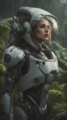 Wide-angle, woman with straight hair, dressed like a robot, with equipment in her hands, next to a crashed spaceship, in a clearing on an alien jungle world