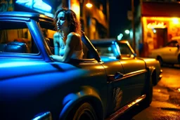 woman with leather pants, white tank top, leaning against metallic blue convertible car, night, illuminated by the faint light of a street lamp, behind the car a booth with graffiti, 16K