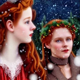 young Cintia Dicker and teen Robyn Lively, beautiful faces, meticulously detailed red hair; Christmas sleigh, brown horses; forest, snow, ethereal fantasy maximalist matte painting. Hues of Christmas. Hideo Kojima. realistic. Victorian era, snowflakes, holly, pinecones, old fashioned, vintage, antique, beautiful, renaissance, 16k