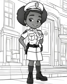 coloring page, depicting a black girl kid as a police officer, full body, outline, black and white, grayscale, highly defined, white background, cartoon style, coloring book style