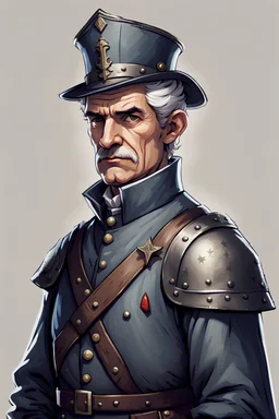 a stern man with a little bit of grey hair, a detective wearing medieval guardsman clothing