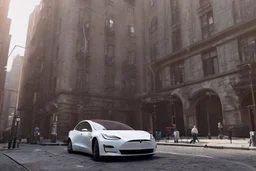 A Tesla 'Model Y' is parked, near the 'Central Synagogue' in New York City. (CINEMATIC, WIDE ANGLE LENS, PHOTO REAL)