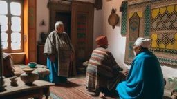 Two fifty-year-old people in traditional Moroccan clothing are discussing in the room of a Moroccan house, with only their backs visible