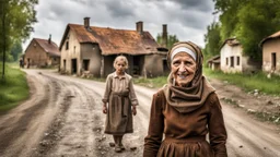 back to the camera in front stands a sad dark blonde young married woman in old hungarian brown villager clochts and headscarf stands on the villager old road and looks some playing happy villager children, sad, dramatic vibe, in background blur old poor house, detalied, sharp focus, high realistic