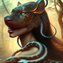 sango fantasy, fantasy magic, intricate, sharp focus, illustration, highly detailed, digital painting, concept art, matte, masterpiece snake head sexy lady body black African beauty tiger in jungle more face