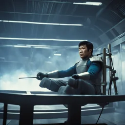 Lieutenant Sulu practices fencing in the captain chair of the nostromo, view from below[vintage style noisy scratches glitches, Shot the texture and then rewound the film and double exposed from a 1970 B series movie]