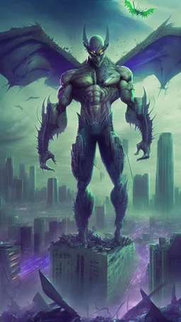 super villain evil alien, full body, muscular, bio-tech, flying, destroyed city in the background