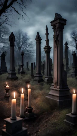 In the center of the creepy cemetery there is around them there are two columns with candles and in the distance you can see an abandoned Gothic sanctuary