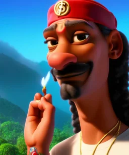 Snoop Dogg, cigar with dollars burning, jungle background, hyper realistic