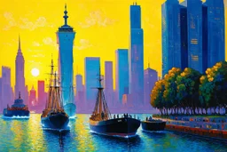 sunset, buildings, city, ships, trees, lake, cyberpunk, sci-fi, claude monet impresionism paintings