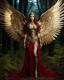 Photography full body A Length image of very beautiful Super model Russian Woman,long hair red as an Beautiful Archangel with wings made from metal craft,dressing luxurious golden and black color armor filigree combination fully crystals diamonds stone,in magical night forest full of lamps Background