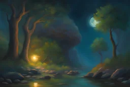 Night, rocks, trees, sci-fi, impressionism paintings