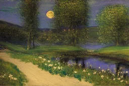 Night, moon, pathway, trees, grass, flowers, pond, distant mountains, distant trees, philip wilson steer impressionism painting