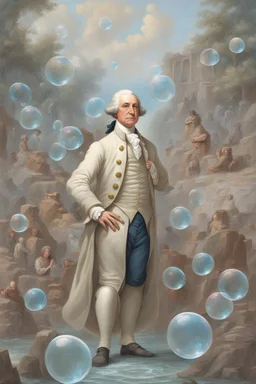 "Create an imaginative scene depicting George Washington with a bubble-like face on the verge of popping, surrounded by an air of suspense and anticipation."