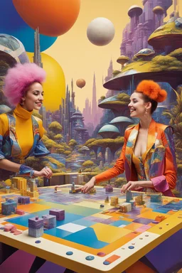 Humorous and quirky, avant garde, Beside a detailed Roger Dean styled sculpted biome in urban mis-en-scene, cute young ladies in neo-dada attire strike laugh as they play a futuristic board games. Colours of orange-gold, mid yellow, silver, mauve, ochre, pink, red, orange, cream, lime green, indigo blue, high end fashion, plants, odd machines and sculptures