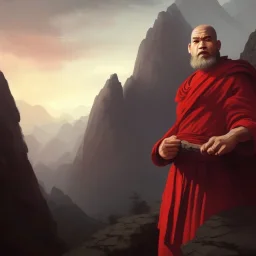 Portrait of a monk, red robe, mountain background, fog, face front, grimdark, Frank Frazetta, Greg Rutkowski, hyperdetailed, dnd, trending on Artstation, Splash screen art, dynamic lighting, hyperdetailed, intricately detailed, a masterpiece, 8k resolution, high contrast, bearded,