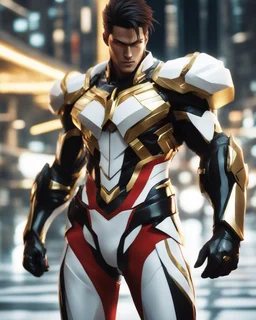 Stunning hyper-realistic anime illustration Powerful male protagonist dressed in striking white, red, black and gold outfit, with obsidian patterns with gold details that emits fascinating energy. Muscular, toned physique accentuated with sleek lines and details. Futuristic cityscape background that contrasts beautifully with her bold outfit. Masterful combination of sci-fi anime aesthetics and 3D rendering