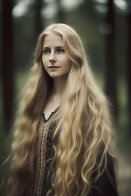 portrait of a beautiful Norwegian woman with super long blond hair, warm-hearted, goddess