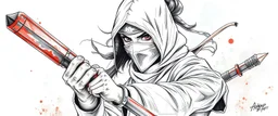 pen outline and airbrush, female ninja doctor in the wild