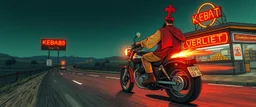The kebab man driving fast on his holy motorcycle, fire from the exhaust, holy widescreen picture, holy empty road on the holy country at night, comic style, no helmet and he have a long holy black beard, neon kebab signs along the road, jesus stand at his market stand selling holy kebabs, simon stålenhag style