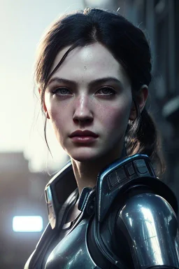 portrait,beautiful gunner girl robot, post-apocalyptic in a cyberpunk city, realistic, intriacte detail, sci-fi fantasy style, volumetric lighting, particales,highly detailed,cinamatic, deep