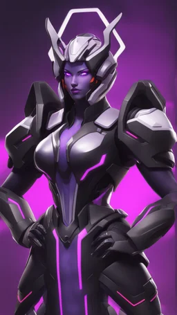 A close picture to Ramattra nemesis form in overwatch art style with black color and neon purple details