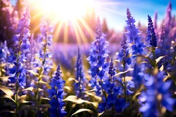 blue, pink, gold light effects colors, magic fields with delphinium flowers around, clear sunny light, highly detailed, high contrast, 8k, high definition, realistic, concept art, sharp focus