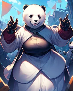 Cool Panda assassin boss in clothes game character, dark lighting , Blender, octane render, high quality masterpiece