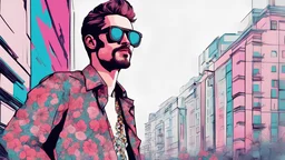 a man wearing sunglasses and a floral shirt, high quality portrait, editorial photograph, cool face, beksinsky, official artwork, enes dirig, nekro petros afshar, neon operator, sythwave, editorial image, atmoshperic, deiv calviz, near future, very high contrast, profile image, cool looking, wearing shades