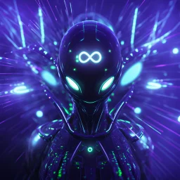 3D infinity symbol ∞ on alien's forehead, infinity figure-of-eight symbol is totally-symmetrical and glowing, exotic, neon, alien, inspiring, fantasy, scientific, friendly, beautiful, octane render, 8k post-production, artstation: award-winning: atmospheric: commanding: fantastical: clarity: 16k: ultra quality: striking: brilliance: liquid medium: stunning colors: amazing depth; lens: f/8, 28mm