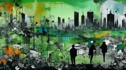 abstract painting, Echoes of Lost Eras, silhouettes in a flowery green field, the silhouette is pasted with early 20th century black and white photos of damaged grainy, smoky, dirty industrial estates and business people covered with colorful financial graphiconsuse flat bright colors displayed art, Charcoal, Metallic Ink: merging into walls of shadow., refugees, conformity, Analogue film photo, 1950s, candid, retro analog, 35mm film, film grain,