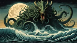 Biblical art style, figure emerging from the sea with the skull face of a leviathan-like being and countless tentacles, the night with the moon illuminating the torment coming out of the water, bestial body resembling a mossasaurus