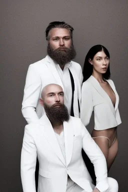 8K, a Highly detailed stunning portrait of Dom man with a kneeling woman, white suit, beard, and short hair, bad boy