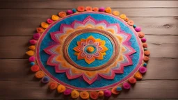 center view of a colorful Rangoli on a earthy rustic floor-surface with lots of diya surrounding the rangoli.