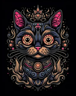 Halloween Cat tattoo design, traditional tattoo style, t-shirt design, fantasy art, digital painting, clean dark background, 8K