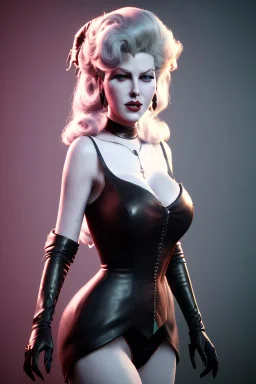 Lana Turner as evil queen in black leather, leather, busty, cleavage, angry, stern look. character design by cory loftis, fenghua zhong, ryohei hase, ismail inceoglu and ruan jia. unreal engine 5, artistic lighting, highly detailed, photorealistic, fantasy