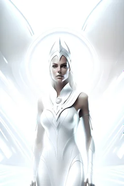 Femme galactique, archange chef dans vaisseaux blanc lumineux. Reine jeune et féminine belle. Intérieur commande vaisseau blanc lumineux.