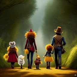 cute fluffy lion, scarecrow, tin-man, little girl on a journey into the woods walking on a yellow brick road, cute adorable pop surrealism, lowbrow art, realistic, street fashion, fluffy , pixar style, hyperrealism, rococo, Pixar, Disney, concept art, 3d digital art, Maya 3D, ZBrush Central 3D shading, bright colored background, radial gradient background, cinematic, Reimagined by industrial light and magic, 4k resolution post processing 8k resolution holographic astral cosmic illustra