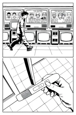uncolored comic book page: top panel(ban walking past a display of televisions on which a bulletin of wanted criminals mugshots appears), bottom panel(pov a woman's hand holding a pregnancy test that shows a positive result, tile floor below), panels divided at an angle