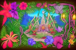  Tropical flowers, heart drawing, crystals, tropical leaves, sacred altar, Fantasy temple, Surreal landscape.