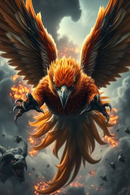 Create a ultra high definition and photorealistic image, 12k quality of a beautiful phoenix, majestic and strength showing, emphasis on texturized claws, upclose with a front view flying towards the camera, centre of an explosive and chaotic background scene of Armageddon where he is followed by demon like dark clouds in persuit trying to grab him, phoenix has striking eyes and determined look, majestic wings folded inwards in flight, bright auburn, black, white, grey and yellow colours, gothic